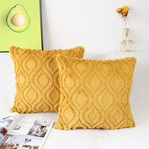 NIULAA 2er Set Plüsch Wolle Kissenbezug 40x40 cm Senfgelb Samt Boho Deko Kissen Flauschig Couchkissen Dekokissen Fell Kissenbezüge für Sofa Modern Kissenhülle Bezug Sofakissen Zierkissen
