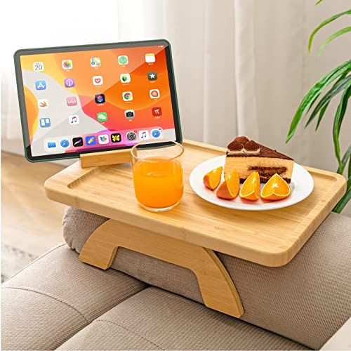 SINWANT Couch Arm Tray,Bamboo Sofa Clip on Side Table,Foldable Couch Armrest Table with 360° Phone Holder,Food Trays for Eating/Drinks/Snacks/Remote 15.35 x 9.8