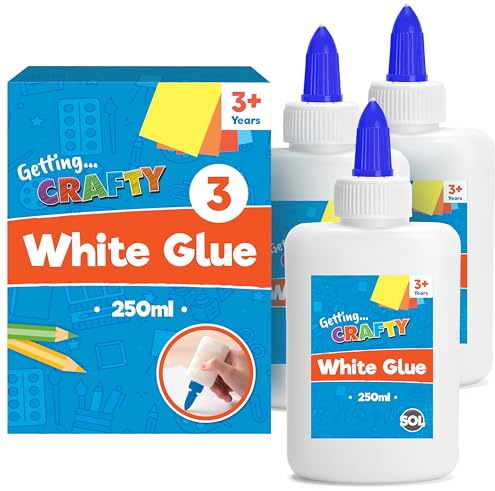SOL 3pk White PVA Glue for Crafting Kids 250ml – 750ml Total, School Arts & Crafts Projects, Washable Office Supplies, No-Mess Application, Perfect for Paper, Poster and Card Making + SOL Sticker