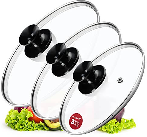 KADAX Lot de 3 couvercles en verre pour casserole et poêle Ø 22/26/30 cm, résistants à la chaleur, poignée noire, pour cuisiner et rôtir, contrôle visuel lors de la cuisson