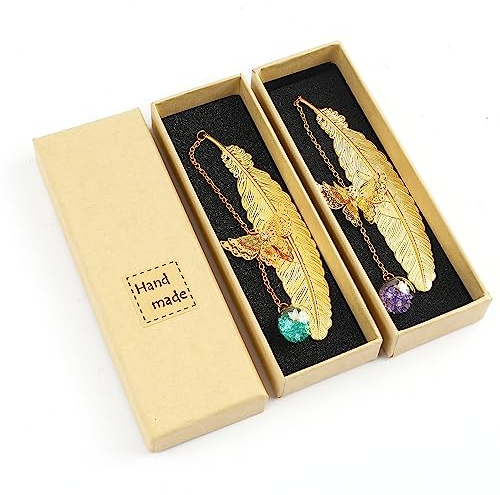 DERAYEE 2pcs Marque Page Original Marque-page Plume en Métal | Papillon et Fleur Sèche Éternelle Perles de Verre Pendentif Cadeau pour Étudiant Lecteur Enfant et Adult