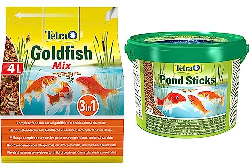 Tetra Pond Goldfish Fischfutter - 3in1 Mix mit Flocken & Pond Sticks - Fischfutter für Teichfische, für gesunde Fische und klares Wasser im Gartenteich, 10 L Eimer