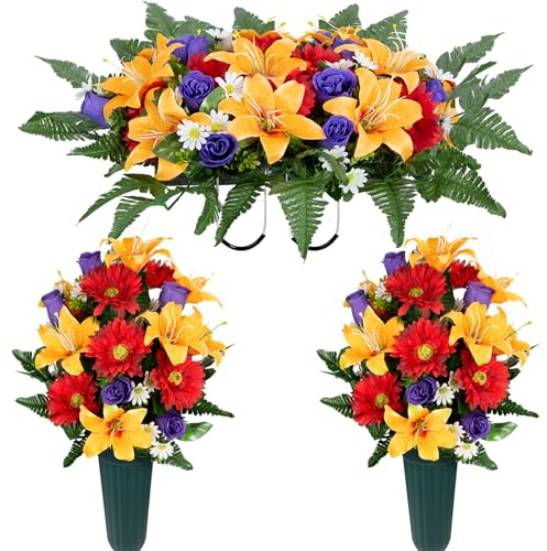 Fleur Artificielle pour Pierre tombale, Fleurs de cimetière, Bouquets de lys Roses artificiels pour décoration extérieure de Pierre tombale. (Lys Orange, Fleurs Selle & Bouquets)