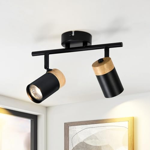 Glitzerlife Deckenstrahler 2 Flammig Holz Deckenlampe - GU10 LED Deckenleuchte Schwarz Schwenkbar 330° Spotlight für Flur Garage Wohnzimmer Schlafzimmer Küche Ohne Leuchtmittel