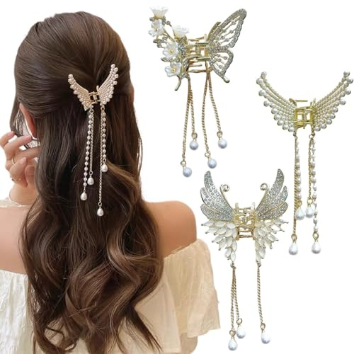 Ypkia Pinza de pelo con forma de mariposa, pequeña, en metal dorado, con flecos, horquillas para el pelo de mujer, perlas, diamantes de imitación, elegante accesorio para el pelo para mujeres y niñas
