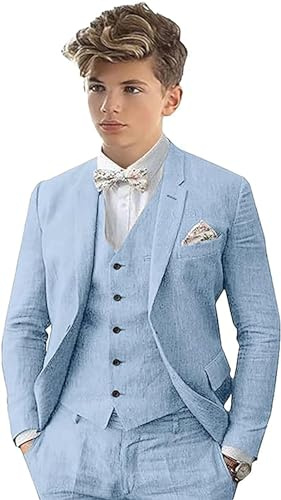 Leader of the Beauty - Completo in lino da 3 pezzi per ragazzi, Peak Label, slim fit, con petto singolo, per matrimonio, smoking, set da sposo, blu cielo, 14 anni