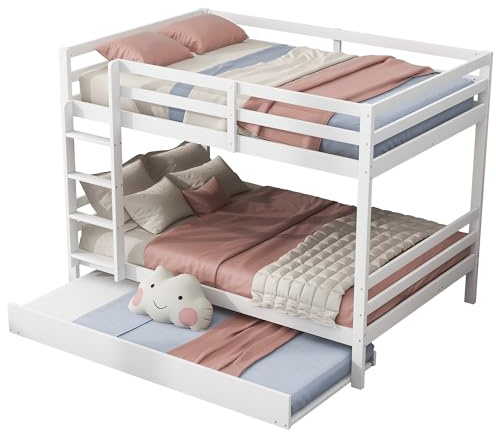 Azkoeesy Litera Triple 140x200 cm con Cama Nido para 3 a 5 Personas, Estructura Estable de Madera de Pino, con Escalera, Somier, Adecuada para niños y Adolescentes, Color Blanco