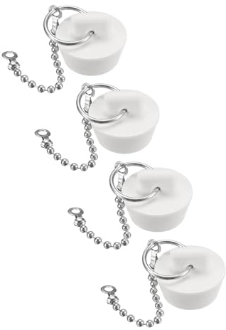 QUARKZMAN 4 Piezas Tapones para Bañera de Goma de 7/8 a 1 Tapón de Desagüe de Fregadero de Cocina de Baño con Anilla de Extracción y Cadena de Cuentas de 15 Blanco
