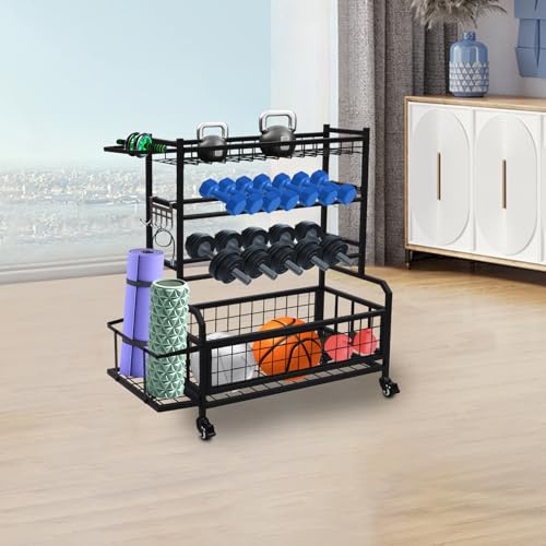 Hantelställ multifunktionellt hantelställ Dumbbell Rack – hantelställ med krokar och låsbara hjul för hantlar, yogamatta, fasciarrulle, kettlebell och yogablock (2 hyllor)