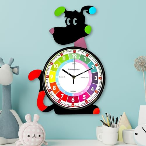 MyPuppyTime 10 Inch Kids Wall Clock Silent, Non-Ticking, Educational and Colourful Wall Clock for Classrooms, Playrooms, and Kids' Bedrooms – Fun Puppy Decor to Help Children Learn to Tell Time