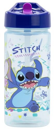 STOR Wiederverwendbare Trinkflasche Stitch mit integriertem Strohhalm 530ml - BPA-frei - Quadratische Kunststoff Wasserflasche Kinder
