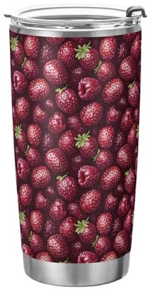 EtherSpher Straberries - Vasos de acero inoxidable rojo borgoña con tapas, tapa a prueba de fugas y pajita, taza de café de 20 onzas para gimnasio, vasos portátiles con tapas, vasos para café caliente