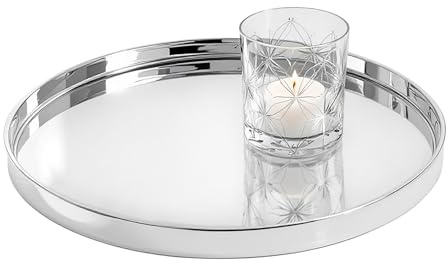 Plateau à bougie rond en métal argenté - 30 cm - Plateau décoratif brillant avec bord - Plateau décoratif - Plateau de service - Plateau décoratif - Plateau de service - Assiette décorative - Plateau