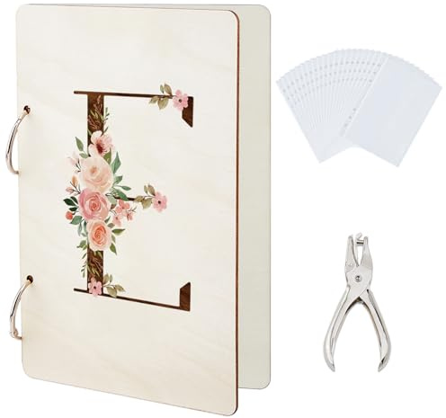 SUPERDANT Bokstav E gratulationskort organiserare blommor planering bok pärm korthållare trähållare pärm fotoalbum fodral med stans och 20 st innerfickor personliga gåvor