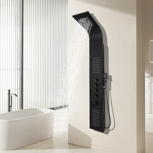 Probility Duschpaneel gebürstetem Edelstahl 304 mit Thermostat, 2 Massagendüsen, Wasserfalldusche, Kopfdusche, Handbrause (Schwarz)