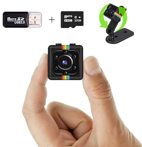 Bextgoo Überwachungskamera Ohne WLAN, 1080P Mini Kamera mit 32GB Speicherkarte, Nachtsicht, Drehbare Halterung, Kleine Kamera für Innen- und Außensicherheit(Tief Schwarz)