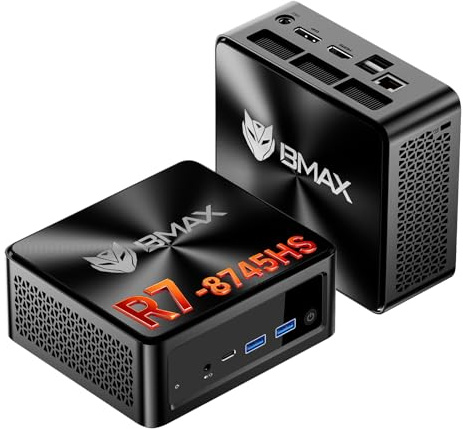 BMAX Mini PC B8A Pro AMD Ryzen 7 8745HS (fino a 4,9 GHz), 16GB DDR5 512GB NVMe SSD Mini Desktop Computer, Radeon 780M, 4K a 60Hz Triplo Display DP+HDMI+Type-C/WiFi 6/BT/2.5Gbps LAN, Micro Gaming PC