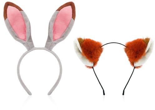 MWOOT 2 Diadema con orejas conejo y zorro, lindo diadema orejas animal peluche para mujeres hombres, Accesorios para disfraces carnaval para parejas, fiesta de cosplay