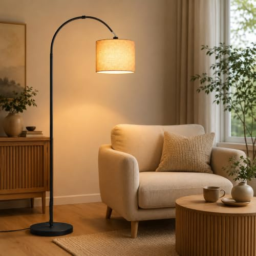 Oraymin Dekorative Bogenlampe | Bogenleuchte LED E27 12W 3000K | Ø25CM Stoffschirm Leinen Beige | 170 cm Stehlampe für Wohnzimmer Schlafzimmer Büro Hotel