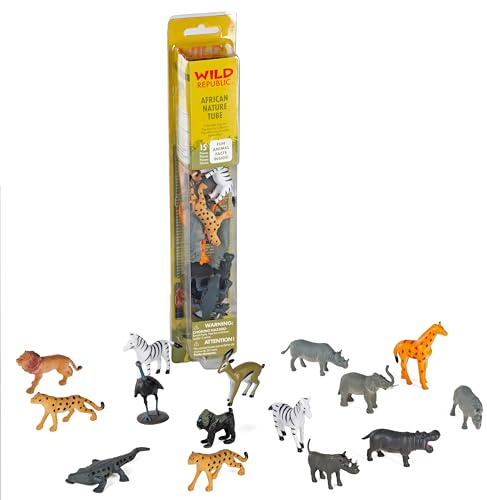 Wild Republic African Animal Figurines Tube, Zoo Animals, Jungle Animals, Giraffe, Hippo, Elephant, Zebra, Cheetah, Rhino, Lion, Alligator and More,Multicolor,13