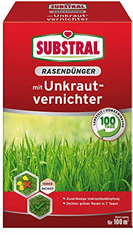 Substral Rasendünger mit Unkrautvernichter, 2in1: Unkrautvernichtung + Düngung, 100 Tage Langzeitwirkung, 2kg für 100m²