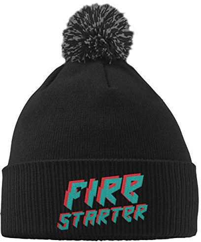 Hippowarehouse Firestarter Embroidered Beanie Hat with Bobble Black
