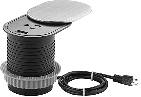 Link2Home Space Saver Grommet Socket with USB, 1 Power Outlet 15A, 1 USB Port 2.4A Fast Charge, Splash Resistant, and Stainless-Steel Finish