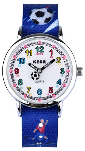 KZKR Jungenuhr Kinder Armbanduhr Lernuhr Fußball Kinder Uhr Blau Sportuhr Nylon Analog Quarz Einfach-Lesen