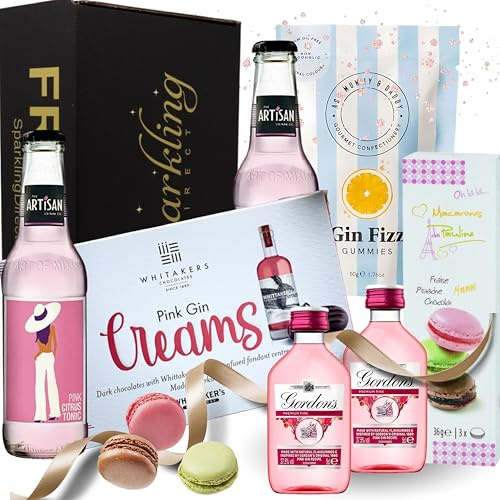 Pink Gin Gift Set - Valentine's Gifts for Her, Gin Hamper with 2 x 5cl Gordon's Pink Gin, Whitakers Pink Gin Chocolates, Gin Fizz Gummies, and 2 Bottles of Artisan Lemon Tonic
