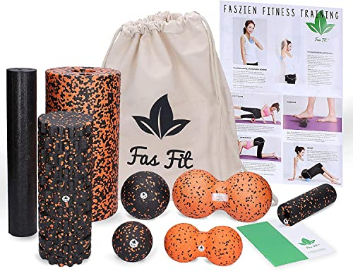 Fas Fit,Juego de rodillos para fascia de 4 o 6 piezas,rodillos de masaje y pelotas de fascia,rodillos de fascia para un entrenamiento eficaz de la fascia,rodillo de espalda, Naranja – Juego 8 en 1.
