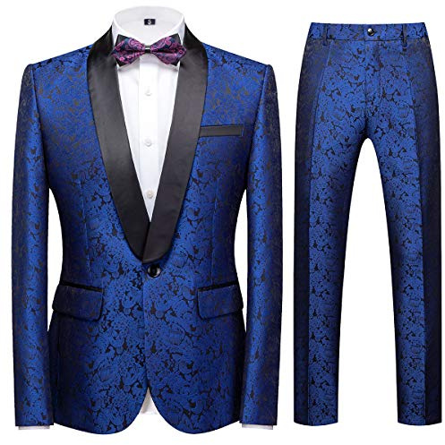 Tuxedo - Giacca da uomo slim fit, da smoking con pantaloni e giacca da ballo per matrimonio, colore: blu/oro/oro/oro/con dentellato, taglia M Bleu 2. M