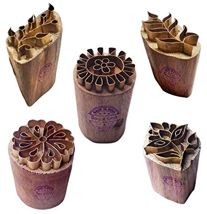 Royal Kraft Floral Brass Wooden Printing Stamps (Set of 5) - DIY Fabric, Clay, Pottery Blocks BHtag0005