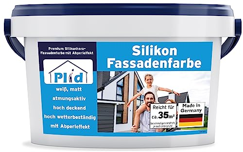 Plid® Pintura para fachadas de silicona, color blanco mate, 5 l, para hormigón, mampostería, sótano, fachada y zócalo, color blanco para pared de 5 l, color exterior blanco resistente a la intemperie,