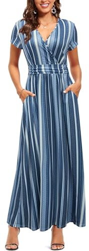 OUGES Women's Summer Casual V Neck Short Sleeve Floral Pattern Wrap Ladies Maxi Long Dress with Pockets(Floral-42,L)