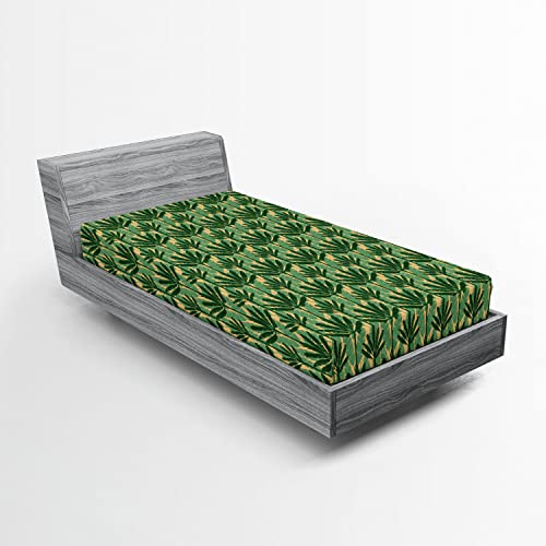 Ambesonne Banana Leaf 2 Pack Fitted Sheet, Windmill Palm Trees, Bed Cover All-Round Elastic Deep Pockets 2 Pieces, Package Contains 2 Twin XL Size Fitted Sheets, Pale Yellow Jade Green