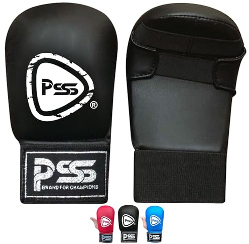 PSS Kids Karate mitt gloves for Boxing Martial Arts jab Training sparring junior pads open finger palm style Without Thumb Black Blue & Red Color 1018