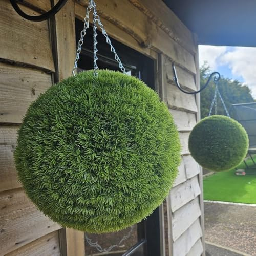 Pair of Best Artificial 38cm Moss Green Grass Topiary Hanging Balls