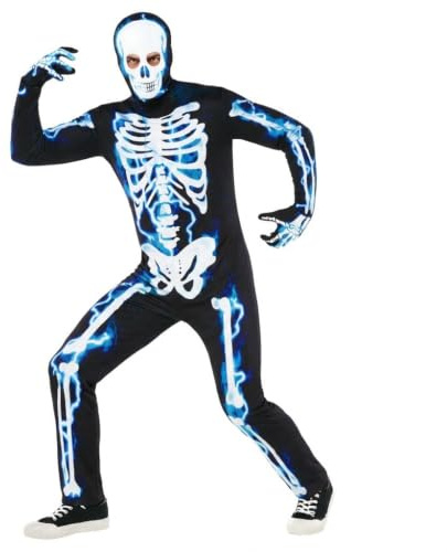 Morph Elektrisk Skelettkostym Herr - Svart Jumpsuit med Dödskalle-Huva & Skeletthandskar för Vuxna Herrar, L