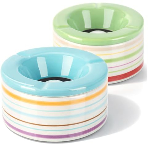 com-four® 2x Posacenere Antivento in Ceramica Dolomite - Portacenere Grande con Coperchio in Ceramica con Strisce Colorate in Blu e Verde (02 pezzi 12 cm verde blu)