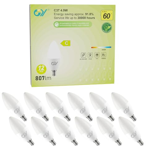 GY Lampadine LED E14, 4.9W (equivalenti a 60W), 807 Lumen, 6500K Bianco Fredda, Risparmio Energetico E14 LED, Lunga Durata, Basso Consumo,Non Dimmerabile, 12 pezzi