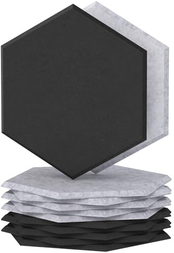 TONOR 12-pack Sexkantiga Akustikpanel, 30×26×1 cm Självhäftande Akustiska Paneler, Hög Densitet Ljudabsorbent Hexagon Ljudisolering för Studio/ Kontor/Sovrum/Vardagsrum, Svart & Ljusgrå