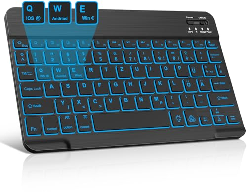 JADEMALL Bluetooth Tastatur mit 7 Farben Beleuchtung QWERTZ Deutsch für iPad, Xiaomi Pad - 10 Zoll Kabellose Tastatur, Schwarz