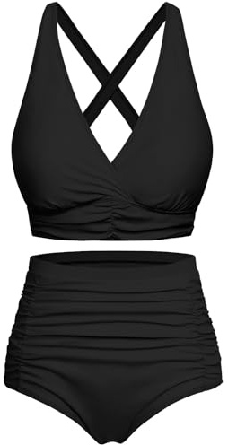 Svanco Bikini damset med magkontroll, spetsbaddräkt med hög midja, push-up, badmode, V-ringning, blommönster, tvådelad baddräkt med knytbälte, svart, M