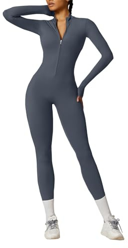 OEAK Mono deportivo mujer largo, mono de manga larga con cuello alto y cremallera, mono sin costuras, mono de una pieza para yoga, Azul Oscuro, L