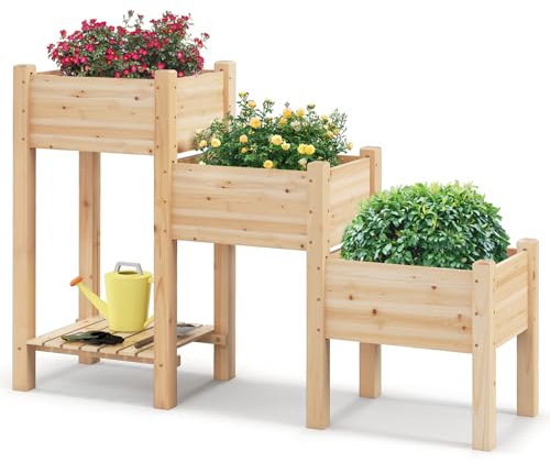 GOPLUS Hochbeet 3 Etagen, Gartenbeet mit Ablage & 6 Abflusslöchern, Kräuterbeet Pflanzbeet für Balkon, Garten & Terrasse, 161 x 43 x 104 cm, Natur