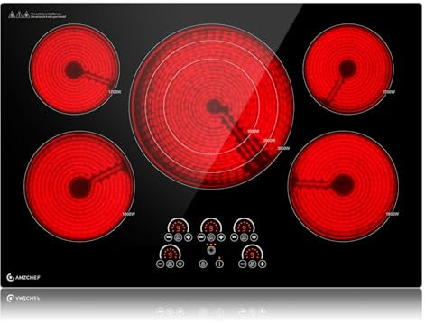 AMZCHEF Electric Cooktop 30 Inch,5 Burners Built-in Electric Stove Top,Max 9000W Ceramic Glass Countertop with Touch Control,9 Heating Level,Triple Zone,Safety Lock