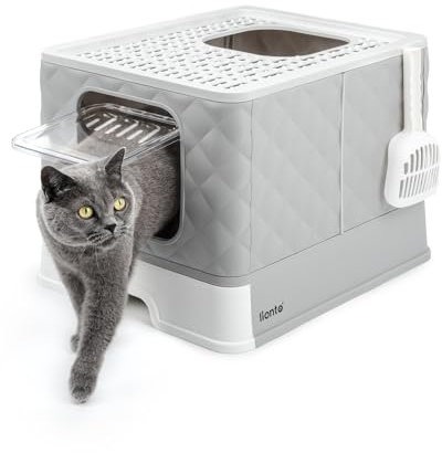 lionto Katzentoilette mit Schublade & Schaufel, 50,5x40,8x37 cm, Katzenklo mit 2 Ausgängen & auslaufsicherem Boden, für Katzen bis 15 kg, faltbar, langlebiges PP-Material, weiß-grau