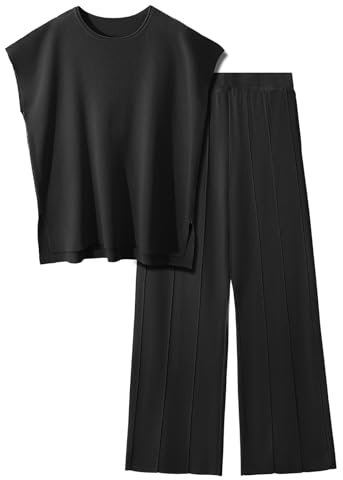 PASUDA 2 Piece Outfits for Women Tracksuits Sweater Sets Lounge Wear Sets Knit Pullover Tops Elastic Waisted Pants Loungewear Set Sleepwear Homewear (Black, M)