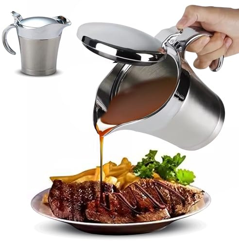 COOLAB 450ML Stainless Steel Gravy Boat with Lid – Double Insulated Gravy Pitcher for Hot & Cold Sauces – Elegant Sauce Boat Small Gravy Server for Steak, Turkey, and Holiday Dinners