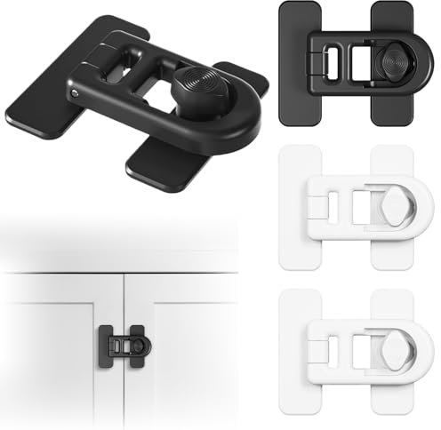 KIPTVO 4PCS Childproof Refrigerator Lock, Baby Safety French Fridge Door Lock Freezer Lock, Cupboard Locks for Children, Sing 3M Adhesive-Easy to Install (White, Black)